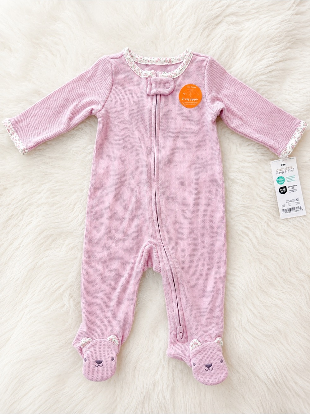 Carter’s Pink Waffle Knit Footed Sleeper 6M | Bear Feet | 2-Way Zipper | NWT